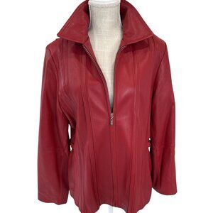 LNR Womens Red Leather Jacket With Zipper Front & High Collar XL